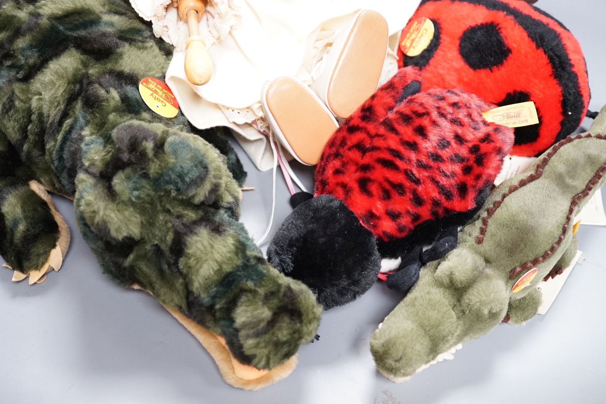 Seven Steiff animals including two 'Gaty', all post-war, and a 'Nora' bear Limited Edition with parasol
